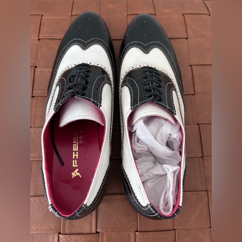 Fiesso FI-7400 Black/White Leather Wingtip Oxfords Men’s Size 42/ US 9 - Picture 6 of 9